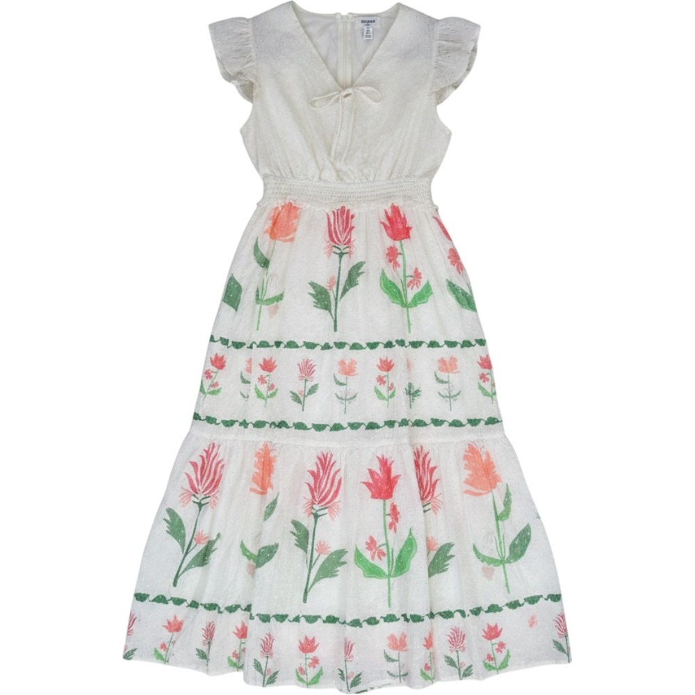 Kindred Floral Swiss Dot Midi Dress XL White Pink Smocked Tiered Scandi Girl